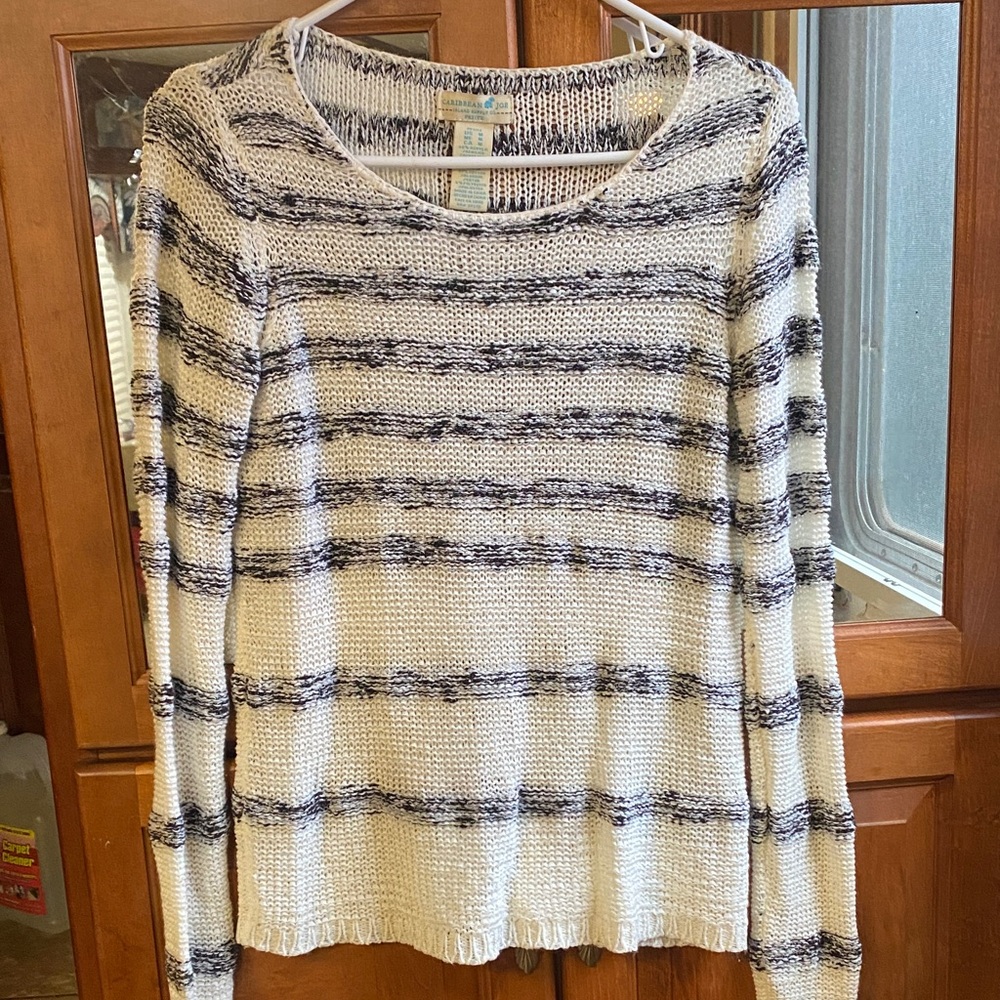 Caribbean Joe Cream and Black Size Medium Striped Open Knit Sweater Fall Cozy